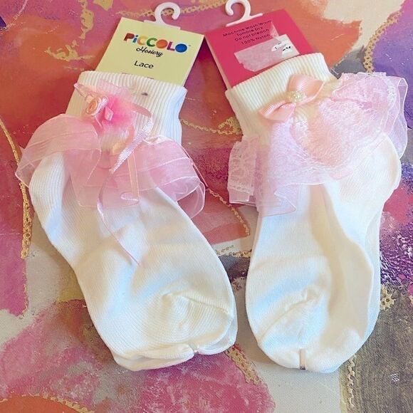 🌸Piccolo 2 pairs Girls Dress ankle socks 6-71/2 - Picture 1 of 8